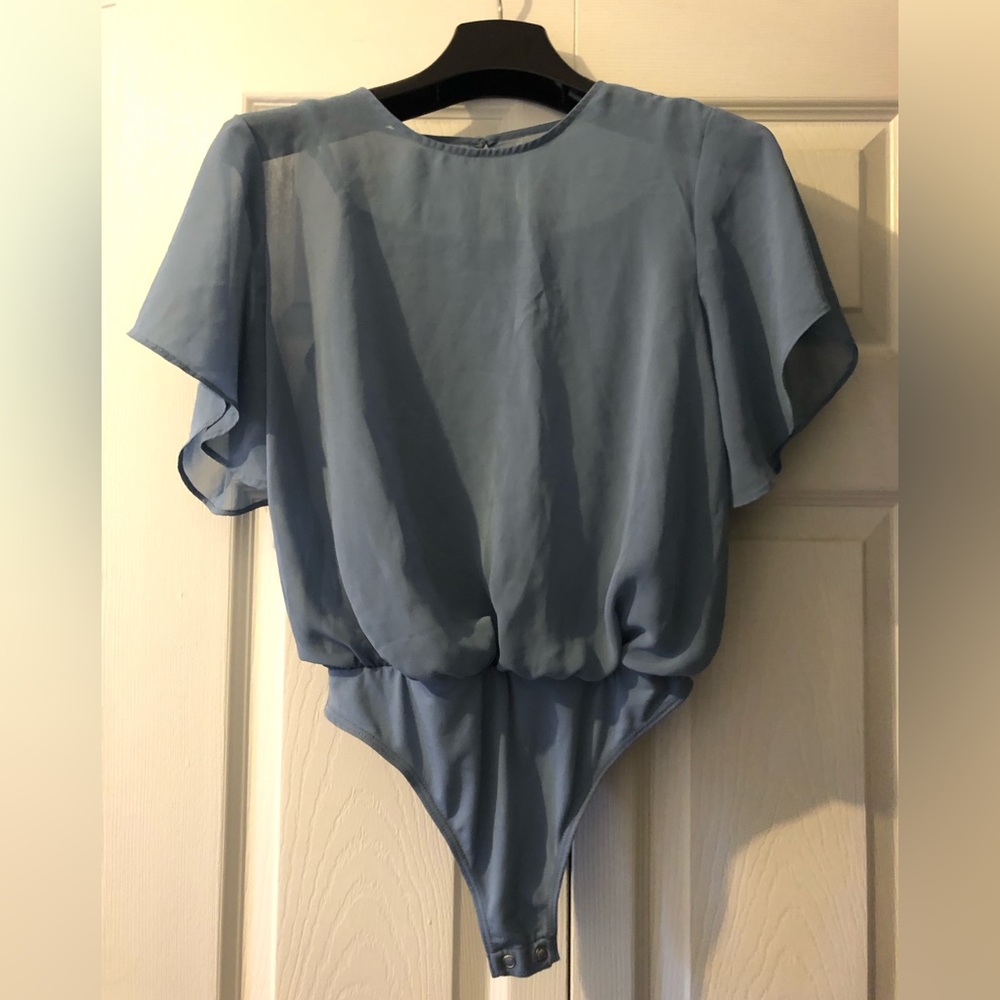 Express Light Blue Chiffon Flutter Sleeve Bodysuit